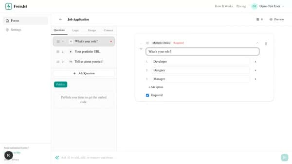 FormJet editor with question list on the left and multiple-choice editor on the right.