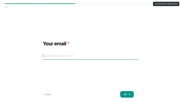 FormJet conversational form-fill view showing a single email question with progress bar.